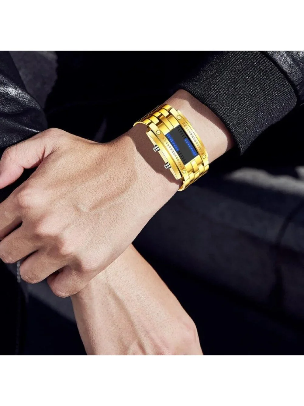 Men's Gold Analog Quartz Bracelet Waterproof Binary Matrix LED Digital Watch